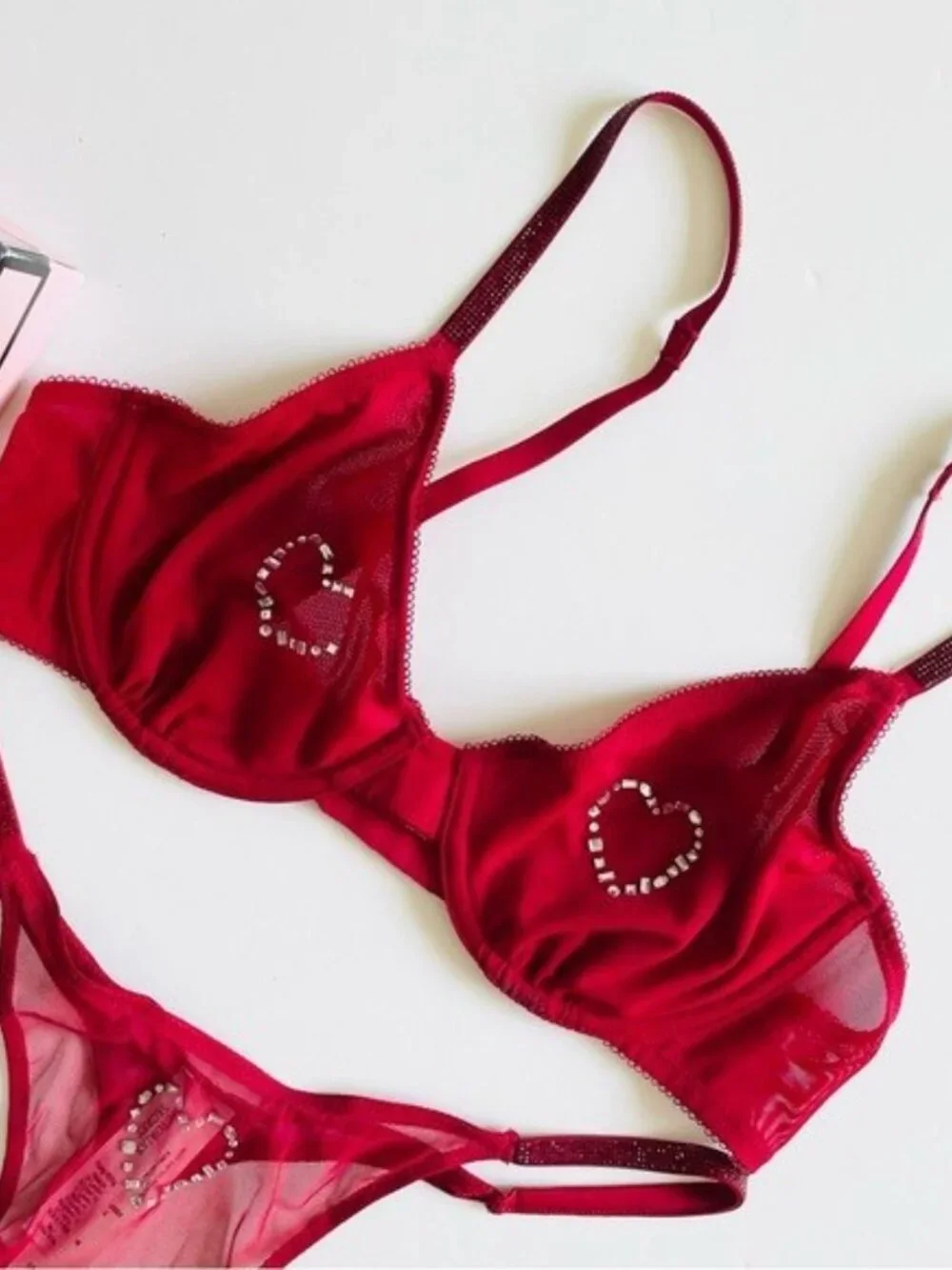 34C MEDIUM Victoria’s Secret ruby red heart bling demi bra set thong panties